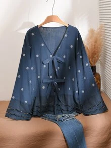 CosyJoli 大尺碼刺繡花卉圖案雷射切割拼接前綁帶上衣 - 杏色 - 查看 5