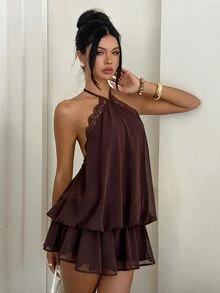 Aloruh 女款優雅淡黃色掛脖綁帶迷你洋裝，適合約會、度假、夏季、畢業典禮、生日洋裝 - 咖啡 - 查看 5
