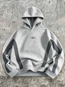SHEIN Coolqubz 1件青少年男孩極簡高街小印花圖案套頭針織衛衣，舒適面料，獨特版型，秋冬新款，適合多種場合 - 淺灰色 - 查看 1