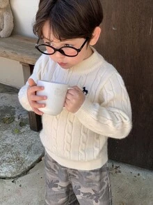 Hapijoa 嬰兒/幼兒（男童）圓領麻花編織卡通刺繡長袖純色毛衣 - 白色 - 查看 7