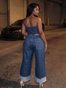 BriallanyX BriallanyX Plus Size Women's Pocket Rhinestone Plaid Straight Leg Denim Jeans - Blue - View 4