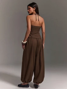 Athîral Women's Casual Halter Neck Cold Shoulder Solid Color Tie-Up Sleeveless Top And Balloon Pants 2 Pieces Set, Suitable For Daily Wear, Dating And Gatherings - Mocha Brown - View 6