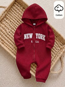 SHEIN 男童休閒可愛字母印花連帽冬季衛衣連身衣 - 酒紅色 - 查看 3