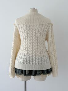 Sunspun Plus Size Women's Cute Casual Minimalist Sexy Style Collared Front Button Classic Cable Knit Pullover Sweater, Suitable For Daily Commute/Home Wear/Travel/Vacation/Date Outfits, Atmospheric Spring/Autumn/Winter Knit Pullover - Beige - View 2