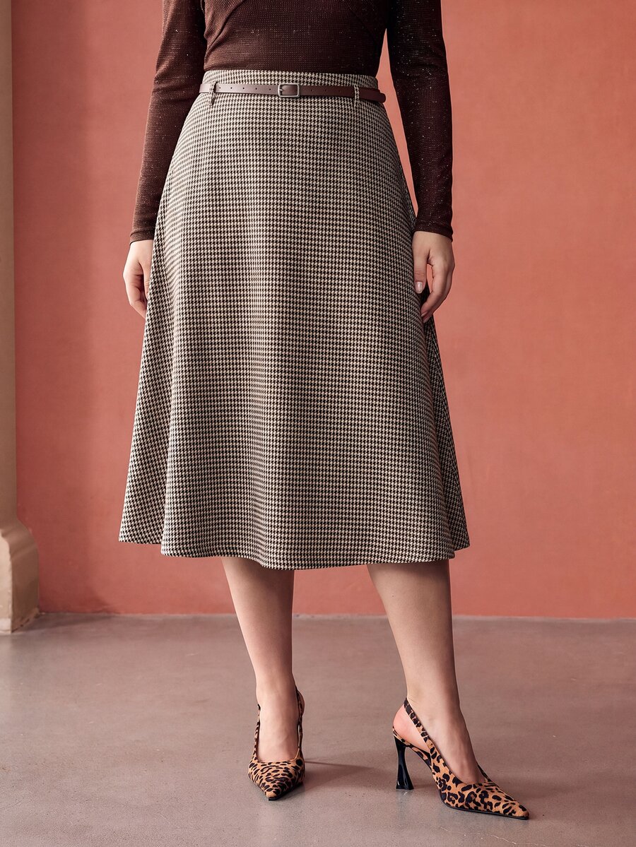 MOTF PREMIUM PLUS SIZE WOMEN'S HOUNDSTOOTH PATTERN WOOL SKIRT WITH BELT - Brown - View 2