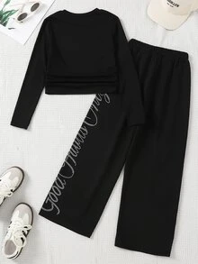 SHEIN Sparklyn 女童休閒修身長袖T恤與彈性腰寬腿鬆身長褲2件套，秋季上衣，秋季穿搭，秋季 - 黑色 - 查看 2
