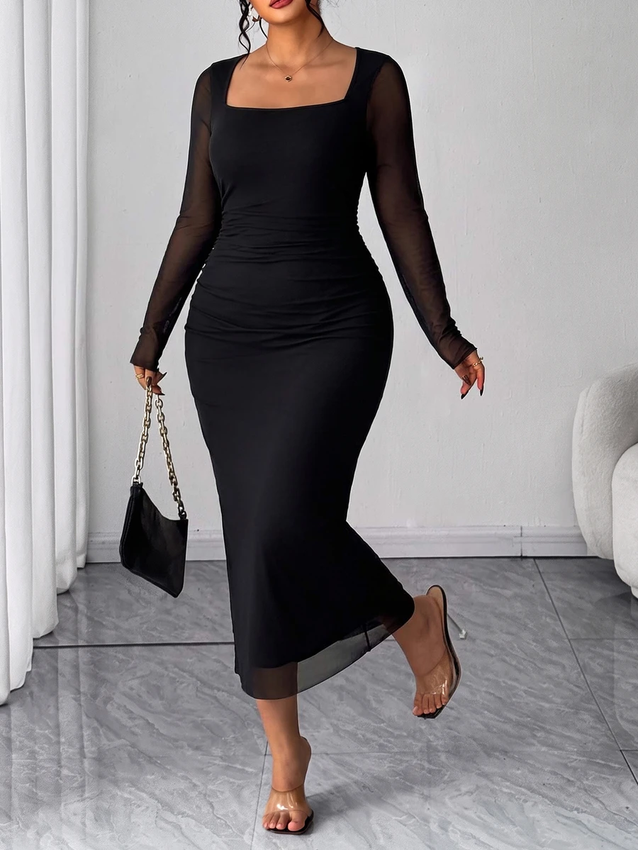 Orbivine Gaun Koktail Bodycon Elegan Lengan Panjang Leher U Motif Leopard Ukuran Plus dengan Pinggang Berkerut, Cocok untuk Kerja dan Pesta, Musim Gugur/Musim Dingin - Hitam - View 1