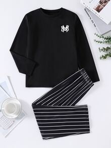 SHEIN 青少年男孩字母印花長袖上衣與長褲休閒日常居家睡衣套裝 - 黑色 - 查看 6