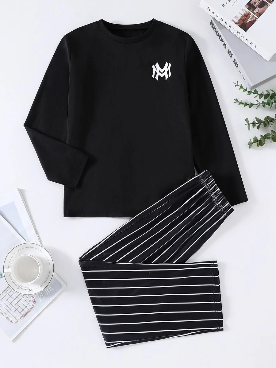 SHEIN Tween Boy Letter Print Long Sleeve Top And Pants Casual Daily Home Sleepwear Set - Black - View 1