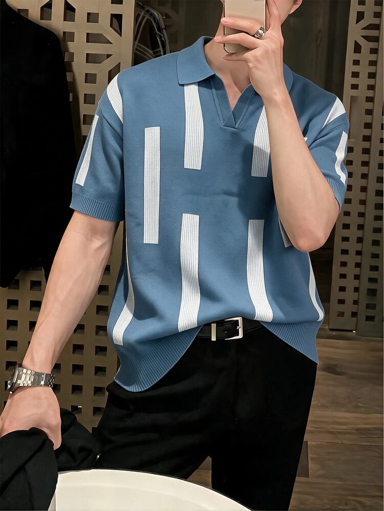 Manfinity Homme Men's Contrast Stripe Short Sleeve Knit Top - Dusty Blue - View 4