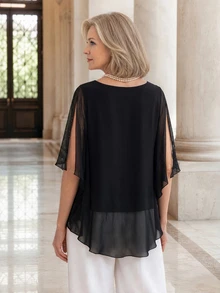 EMERY ROSE Elegant Rhinestone Embellished Split Sleeve Blouse For Middle-Aged And Elderly Women - Black - View 2