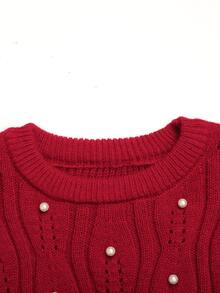 SHEIN Tween Girl 秋冬優雅可愛紅色3D針織套頭洋裝，適合日常穿著、秋冬外出、聖誕紅色洋裝 - 紅色 - 查看 6