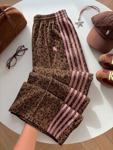 SHEIN EZwear 女款豹紋拼色休閒日常運動長褲 - 粉色 - 查看 5