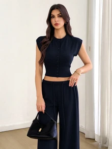 SHEIN Tall 素色短版針織背心寬腿針織長褲套裝，卡其色，適合早午餐、秋冬休閒，高個女性 - 藏蓝色 - 查看 6