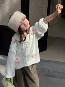 Dazy Kids (فتيات مراهقات) كنزة كارديجان بياقة على شكل حرف V فضفاضة بأكمام طويلة سميكة للخريف/الشتاء - أبيض - مشاهدة 4