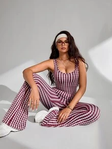 Slayform Slayform Seamless High Elasticity Sports Fitness Jumpsuit Fashion Mesh Flare Leggings - Burgundy - View 2
