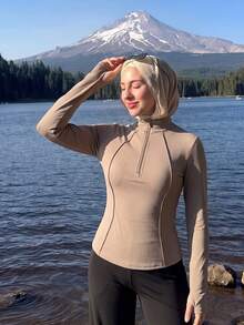 SHEIN With My Calm Solid Half Zip Thumb Holes Sports Tee - Apricot - View 3