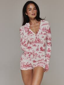 MUSERA V Plunge Button Down Long Sleeve Fitted Christmas Printed Pajama Playsuit Winter Christmas Holiday Cute Sexy Christmas Check - Multicolor - View 2
