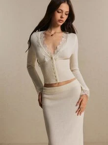 Poéselle Lace Trim Crop Cardigan & Knit Skirt - White - View 5