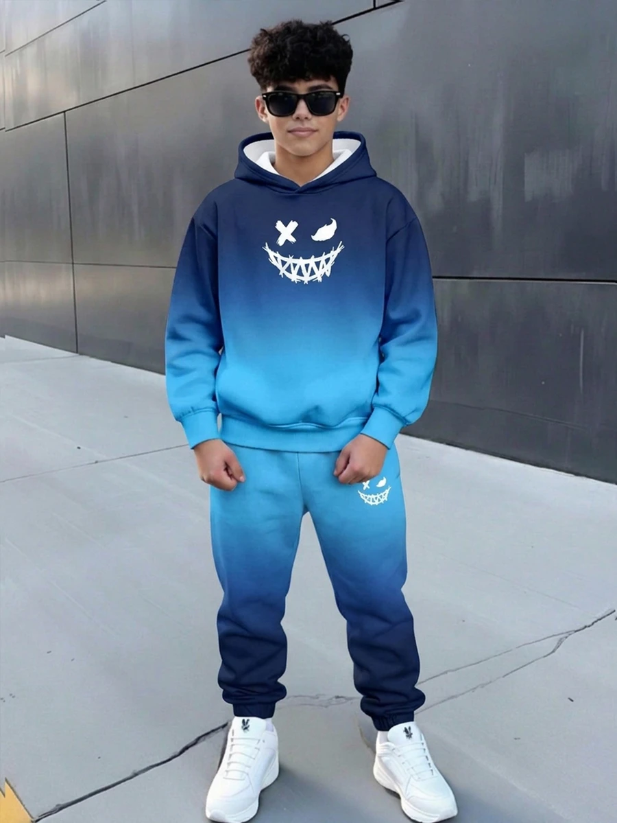 SHEIN 兒童 2 件組 青少年男孩休閒極簡風 藍色漸層笑臉長袖連帽衛衣與運動長褲套裝，經典酷炫漸層圖案印花，精緻 Logo 印花，適合秋冬、學校、返校季、家庭聚會、生日派對、拍照拍攝 - 彩色 - 查看 1