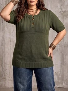 SHEIN LUNE CURVE Autumn/Winter Plus Size Solid Color Short Sleeve Knit Top With Half-Button Front And Vertical Ribbed Texture Casual Blouse - Army Green - View 5