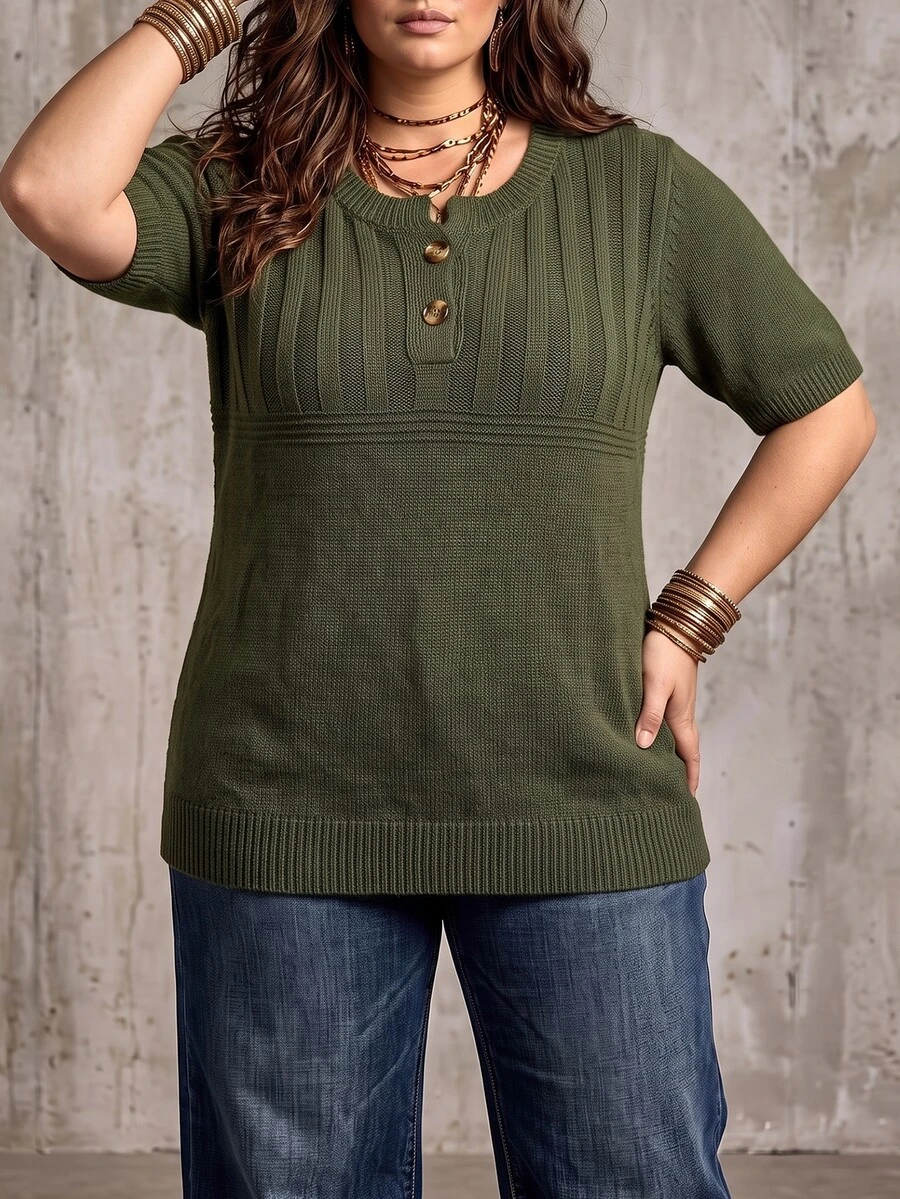 SHEIN LUNE CURVE Autumn/Winter Plus Size Solid Color Short Sleeve Knit Top With Half-Button Front And Vertical Ribbed Texture Casual Blouse - Army Green - View 1
