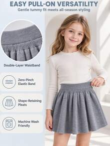 SHEIN Girls' Autumn/Winter Knitted Skirt, Solid Gray, Elastic Waist, Flared Pleated Umbrella Style. Soft Woolen Fabric, Comfortable Wear Without Tight Waist, Suitable For Daily Matching With Sweaters And Tops, Simple And Versatile - Black - View 3