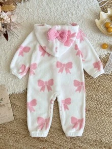 SHEIN Baby Girl Bow Print Long Sleeve Cute Hooded Romper - Pink - View 2