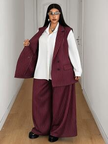 Mawevolt Plus Size Women's Button Striped Vest Jacket And Loose Long Pants Suit Set - Burgundy - View 5