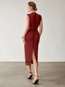 MOTF PREMIUM Vestido de suéter elegante con abertura y ribete de contraste para mujer - Burdeos - Ver 2
