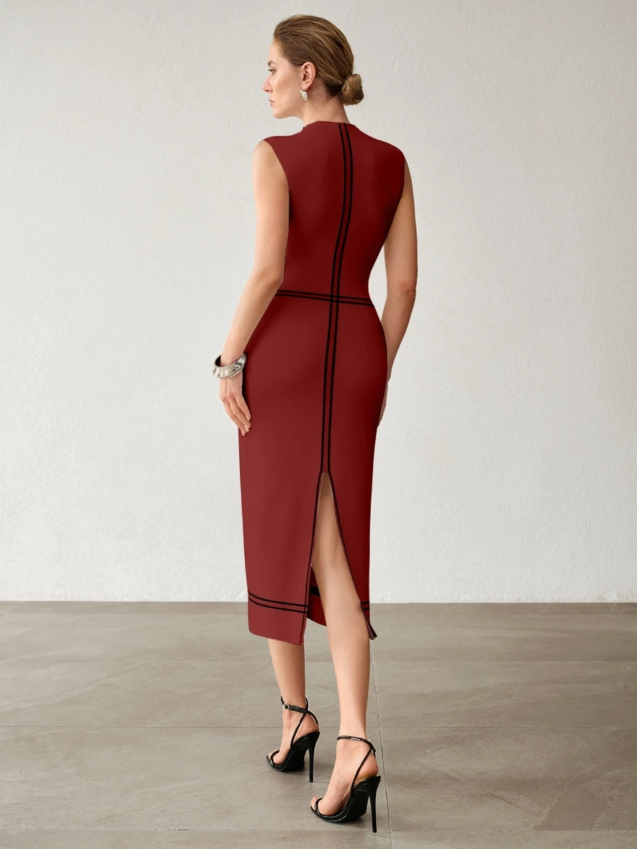 MOTF PREMIUM WOMEN'S ELEGANT CONTRAST TRIM SLIT SWEATER DRESS - Burgundy - View 2
