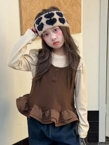 Dazy Kids Tween Girl) Sleeveless Round Neck Pullover Tank Top With Frill Trim Cute Top + Inner T-Shirt 2pcs Set - Coffee Brown - View 9