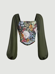 SHEIN MOD 女款花卉印花甜心領燈籠袖優雅鄉村風襯衫 米色 度假 秋季/萬聖節/開學季 - 軍綠色 - 查看 2