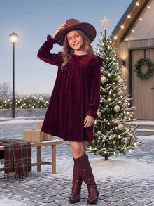 Tween Girl Velvet Cute Versatile Flutter Sleeve Long Sleeve Ruffle Hem Christmas Dress, Suitable For Daily Wear, Christmas, Parties, Birthdays, Holidays And More - Burgundy - View 5