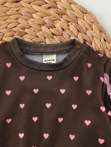 SHEIN 新生女嬰休閒舒適可愛波點棕色運動衫與長褲2件套 - 棕色 - 查看 8