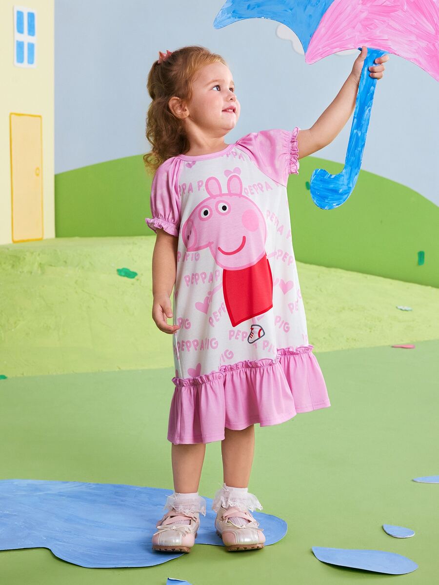 Peppa Pig X SHEIN Young Girl Letter Cartoon Print Pleated Casual Daily Summer Dress - Pink - View 1