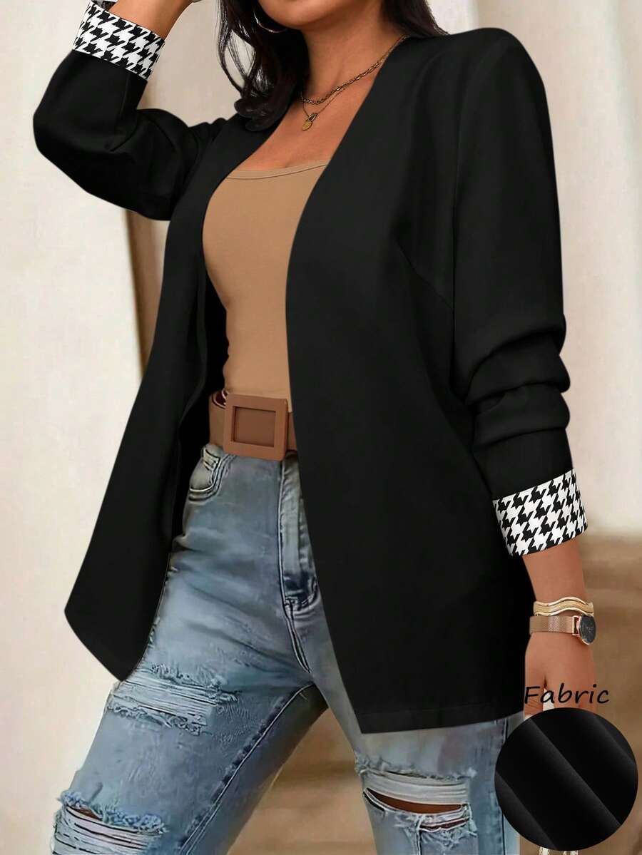 SHEIN LUNE CURVE Plus Size Women Casual Long Sleeve Blazer Jacket With Leopard Print Patchwork - Black - View 1