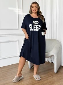 SHEIN CURVE+ 大尺碼舒適熊貓印花圓領休閒可愛睡裙，夏季居家連身裙，晚間牛紋印花 - 寶藍色 - 查看 6