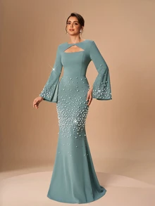 Serin Pearls Beaded Cut Out Front Trumpet Sleeve Mermaid Hem Mother Of The Bride Dress - Green - View 6