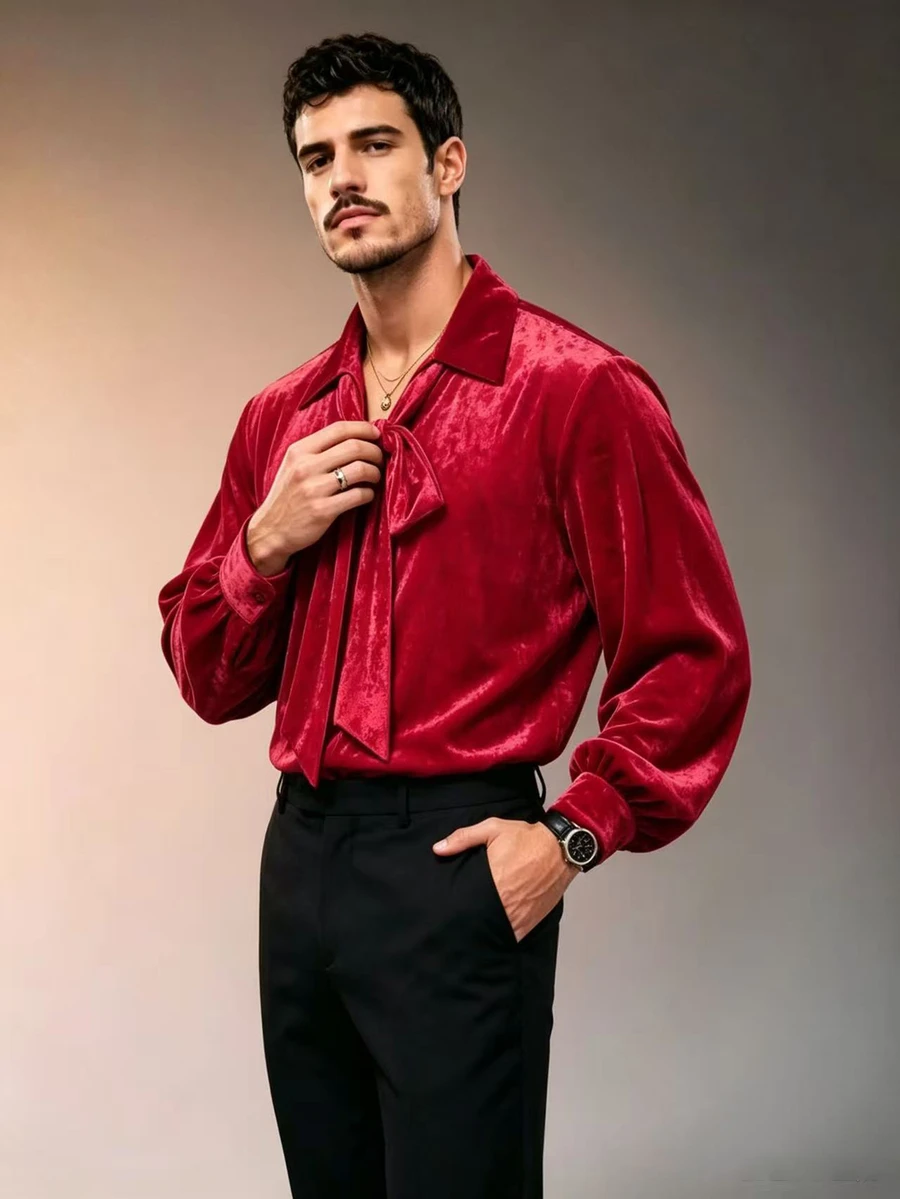 ZURIURI Men's Velvet Ribbon Mature Vibe Vintage Drape Burgundy Long Sleeve T-Shirt - Burgundy - View 1