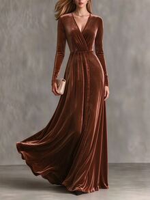 Elenzga Minimalist Elegant Women's Long Dress, Soft Drape Fit, Daily Commute Slimming Dress - Brown - View 5