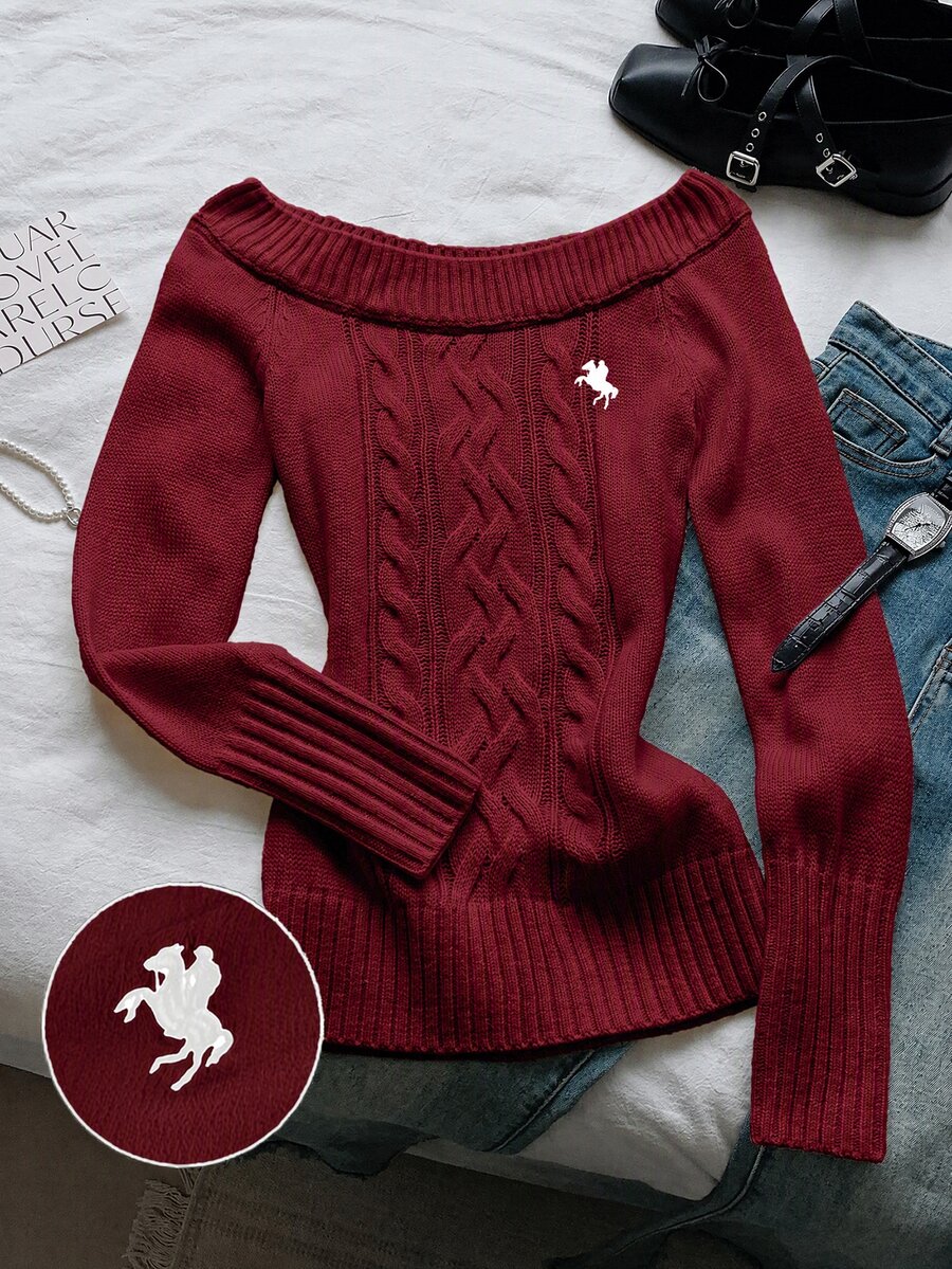 Comfortcana 女款刺繡麻花編織圓領長袖針織衫 毛衣 海軍藍 秋冬款 - 酒紅色 - 查看 1