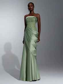 Elitara Elegant Luxury Beaded Strapless Fabric Ruched Asymmetrical A-Line Design Evening Gown Suitable For Wedding Or Formal Party Banquet - Army Green - View 5