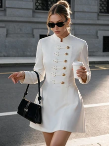 Ritzy Row Solid Button Front Short Dress - White - View 6