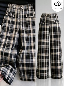 Ceyna Plus Plaid Slant Pocket Wide Leg Suit Pants - Multicolor - View 5