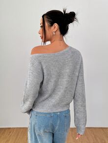 SHEIN PETITE 白色女款長袖套頭毛衣，可披肩穿著，適合秋冬，適合嬌小女性 - 灰色 - 查看 2