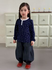 Dazy Kids Baby Girl Pocket Cuffed Loose Casual Long Pants - Blue - View 1