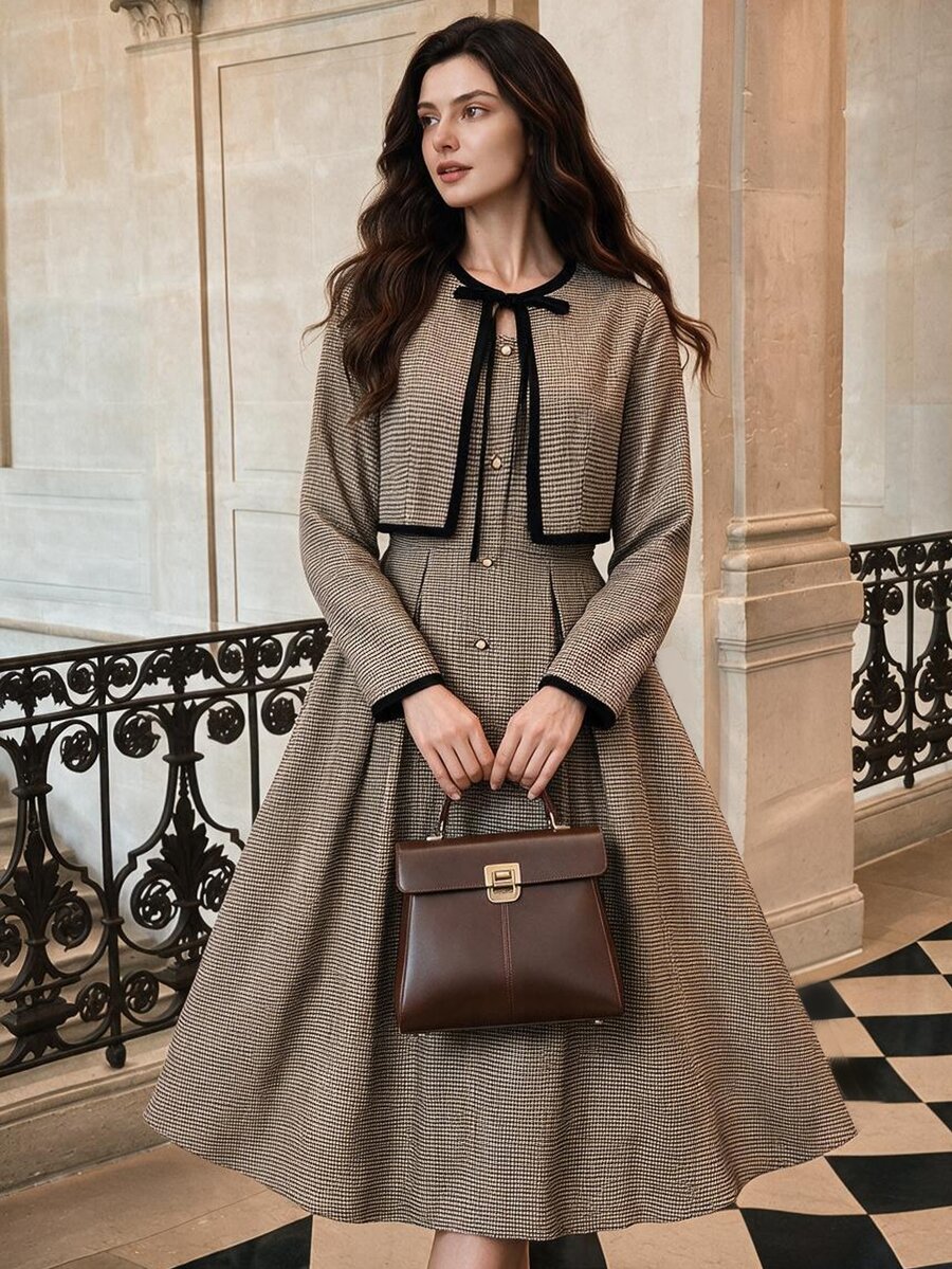 Vintamour Women's Plaid Pleated Dress And Cardigan Casual 2 Pieces Set - Brown - View 1