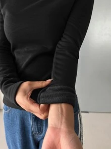 DAZY 女款休閒純色抓絨T恤，秋冬保暖內裡長袖上衣，適合學校、居家、日常穿著，黑色 - 黑色 - 查看 6
