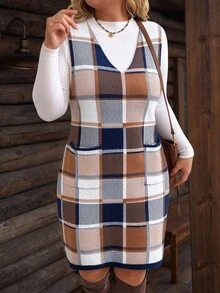 EMERY ROSE Plus Size Casual Plaid Sleeveless Knit Dress, Autumn/Winter - Royal Blue - View 4
